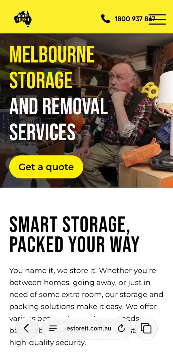 1800 We Store It website on a phone: “Melbourne Storage and Removal Services”, scrolling through the storage options