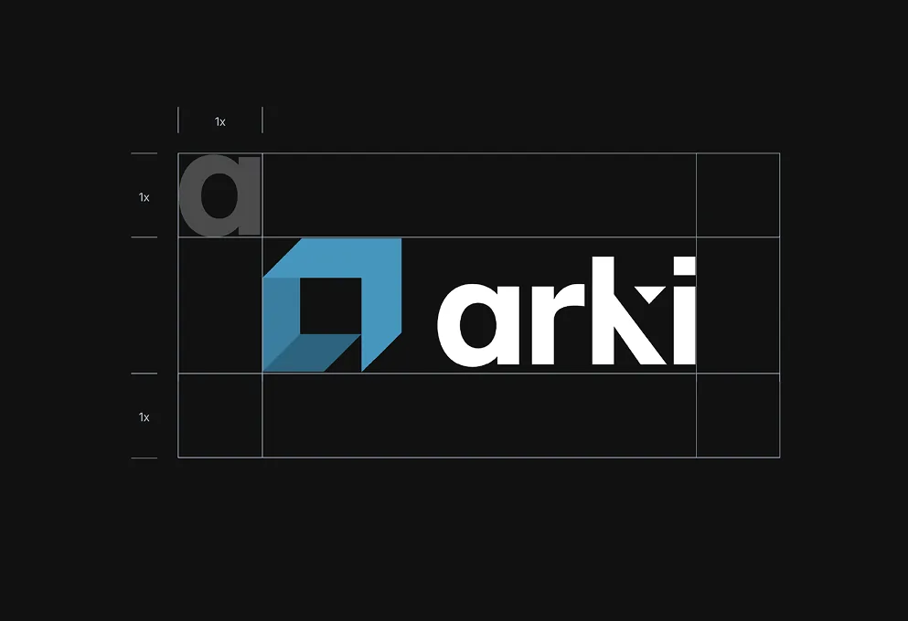 Arki logo: the blue building mark and white wordmark on its construction grid