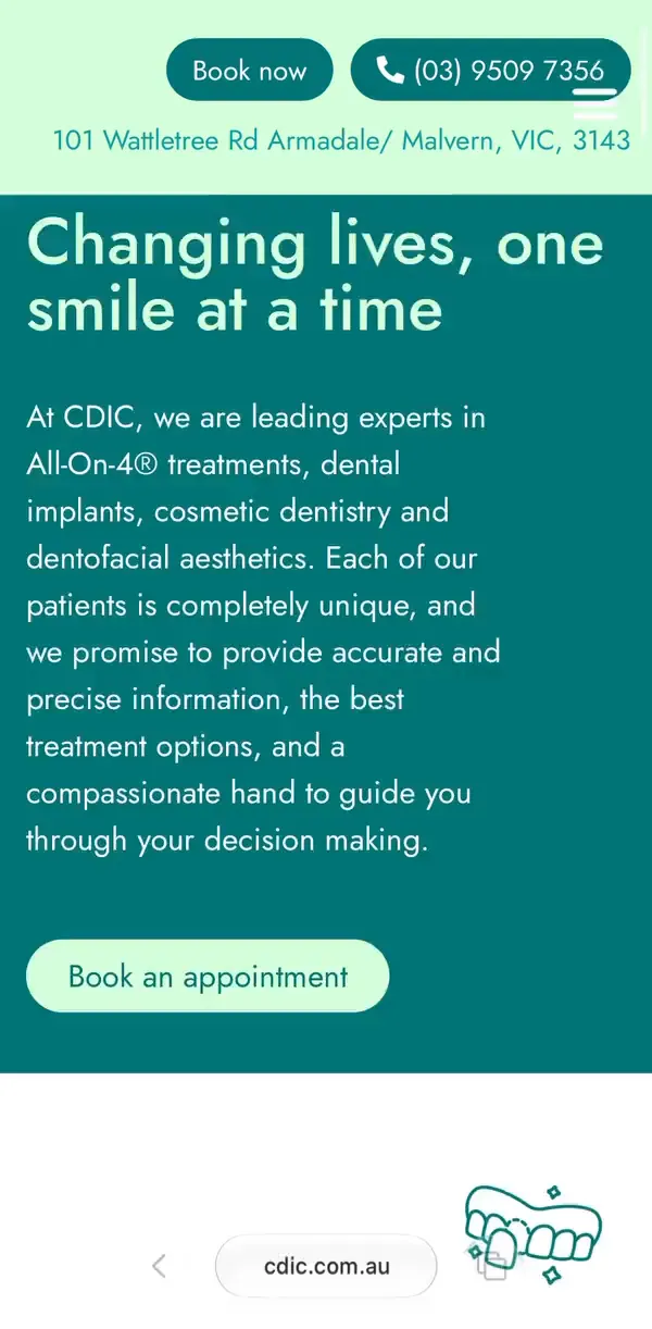 CDIC Cosmetic Dental & Implant Centre website on a phone, scrolling through the home page