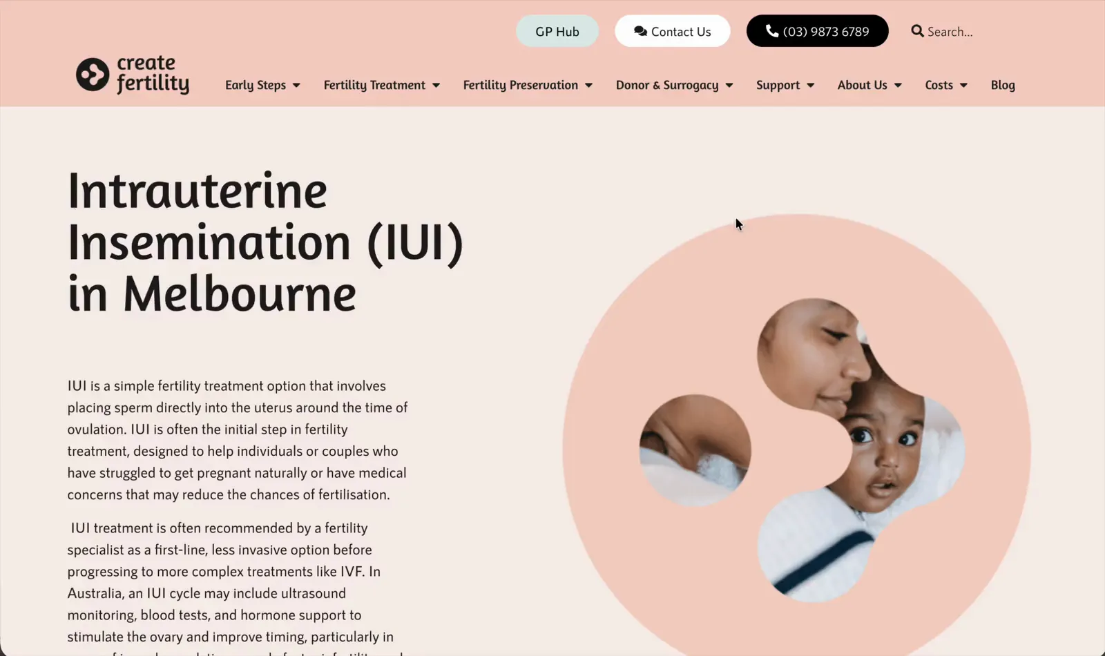 Create Fertility website: the headline “Taking a baby step together.” beside the coral logomark framing a woman’s portrait