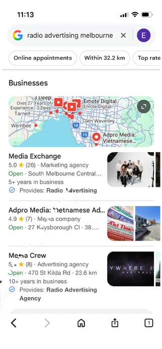 Google local results for “radio advertising melbourne” with Media Exchange listed first
