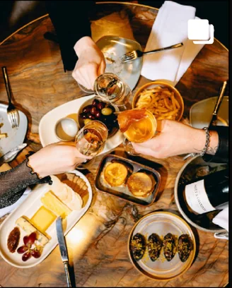 Post: drinks and share plates on a restaurant table, seen from above
