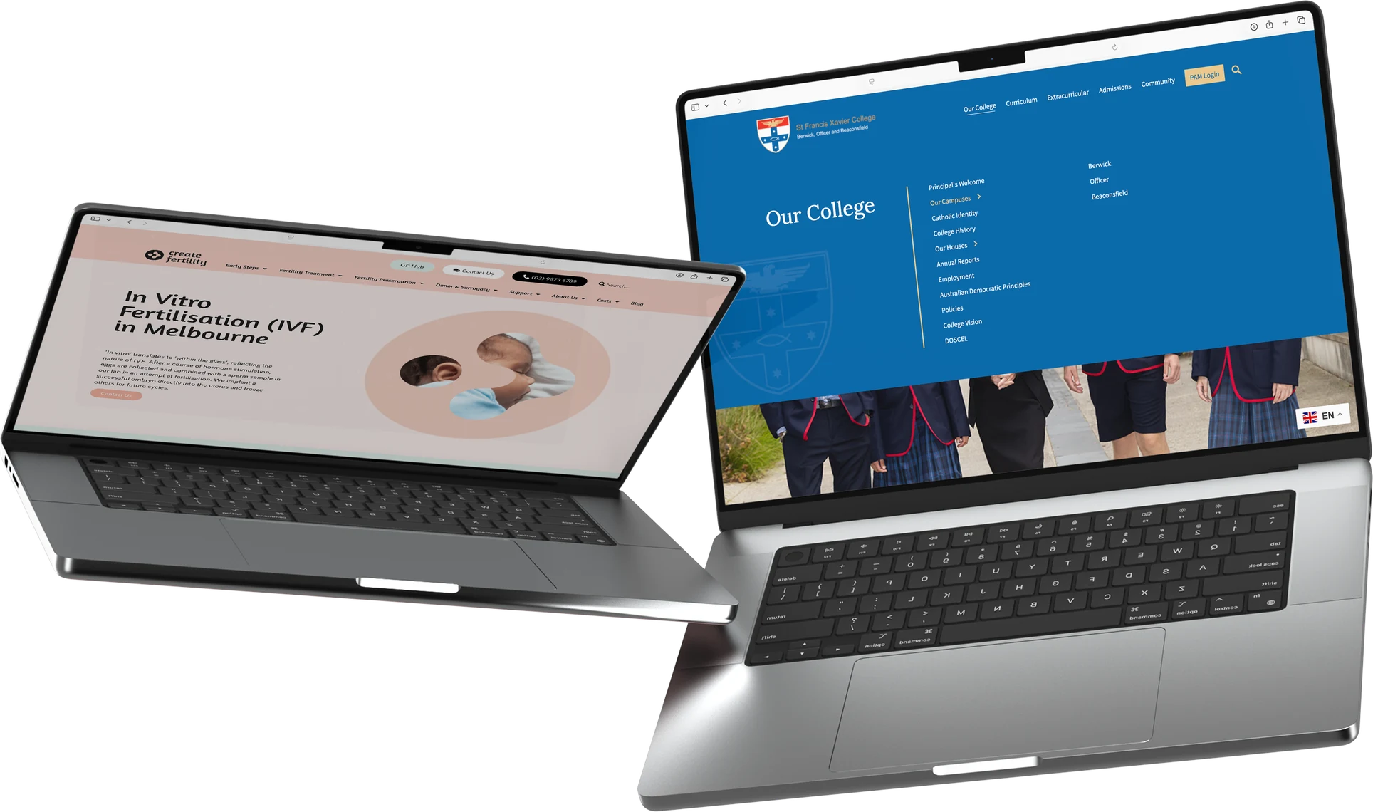Two open laptops showing the Create Fertility and St Francis Xavier College websites