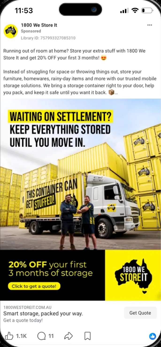 Sponsored Facebook post for 1800 We Store It: “Waiting on settlement? Keep everything stored until you move in.”