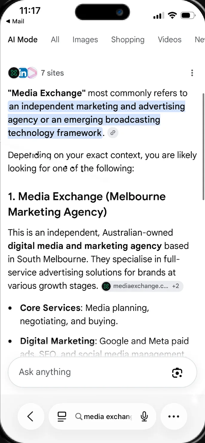 Google AI Mode answer describing “Media Exchange” as an independent Melbourne marketing and advertising agency