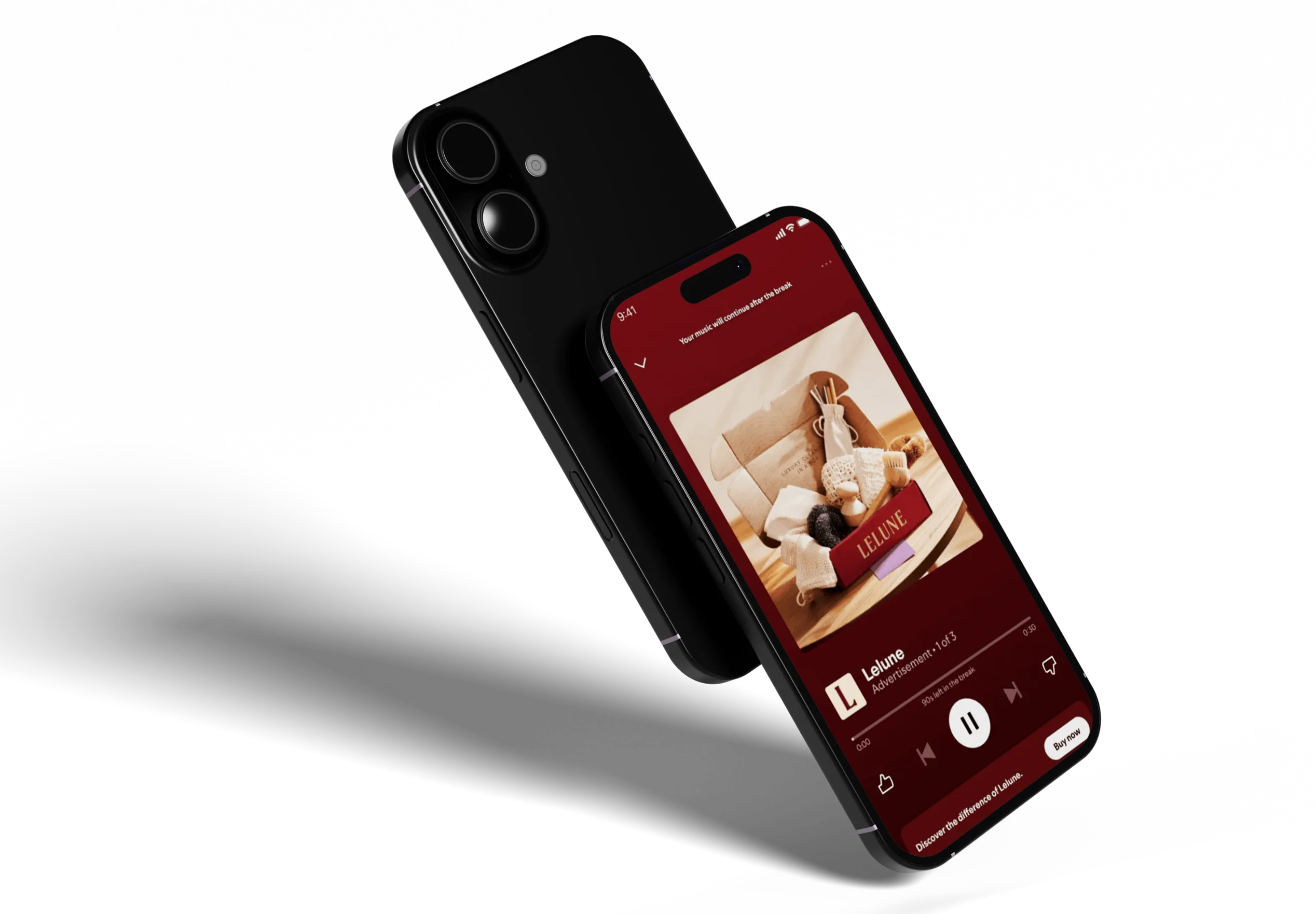 Phone playing a Spotify-style audio ad for Lelune