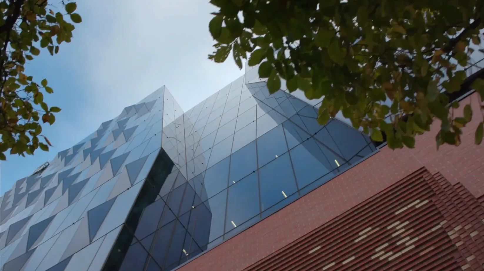 The angular glass facade of the Melbourne Connect building, seen from below through the trees