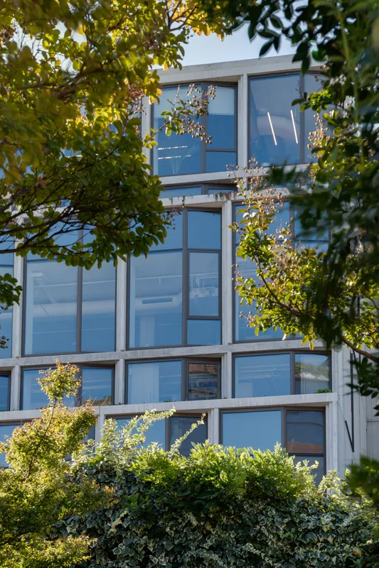 Glass and steel office building framed by green trees and hedges