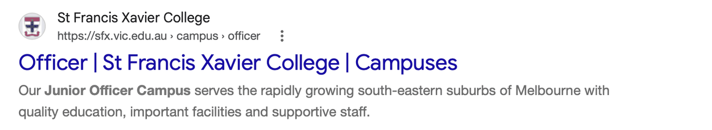 A Google search ad for St Francis Xavier College: 'Officer | St Francis Xavier College | Campuses', describing its Junior Officer Campus in Melbourne's south-east
