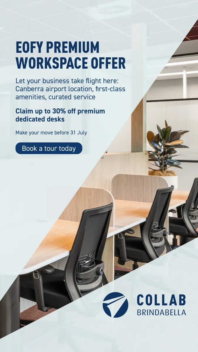 Collab Brindabella ad: “EOFY premium workspace offer” over a row of dedicated desks, claim up to 30% off