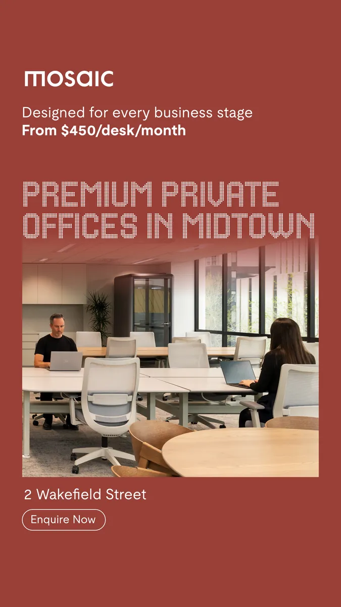 Mosaic ad: premium private offices in Midtown, from $450 per desk per month