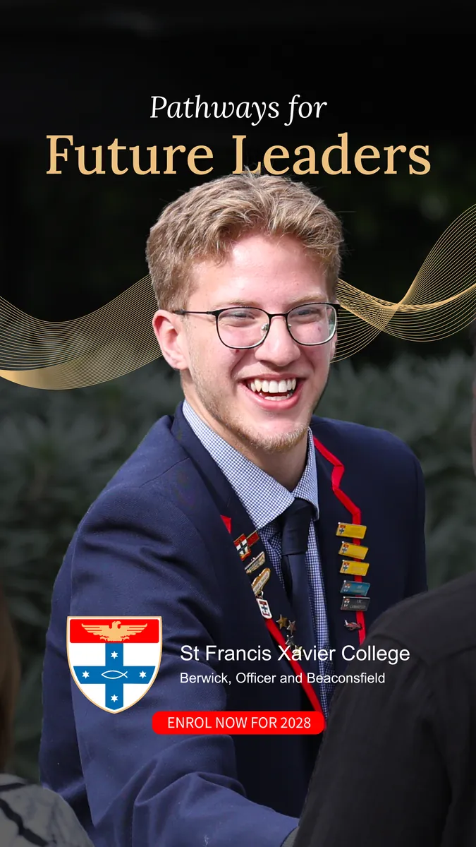 St Francis Xavier College ad: a laughing student in uniform, “Pathways for Future Leaders — Enrol now for 2028”