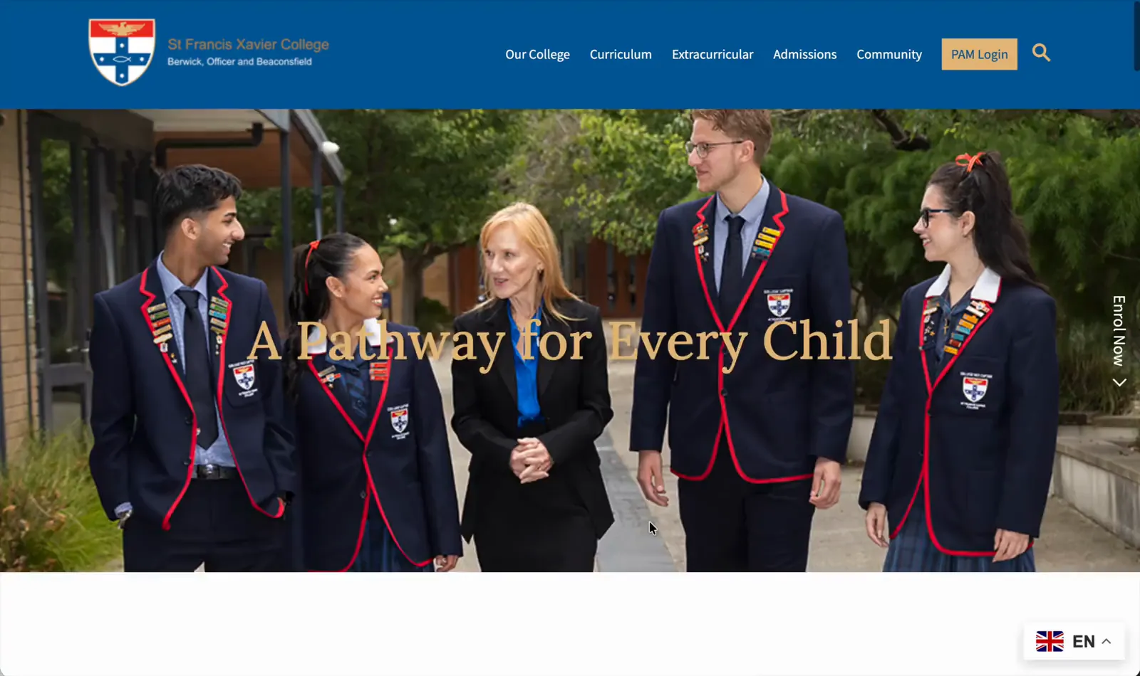 St Francis Xavier College website: the “Our College” menu on the college’s blue crest background above a student playing the flute