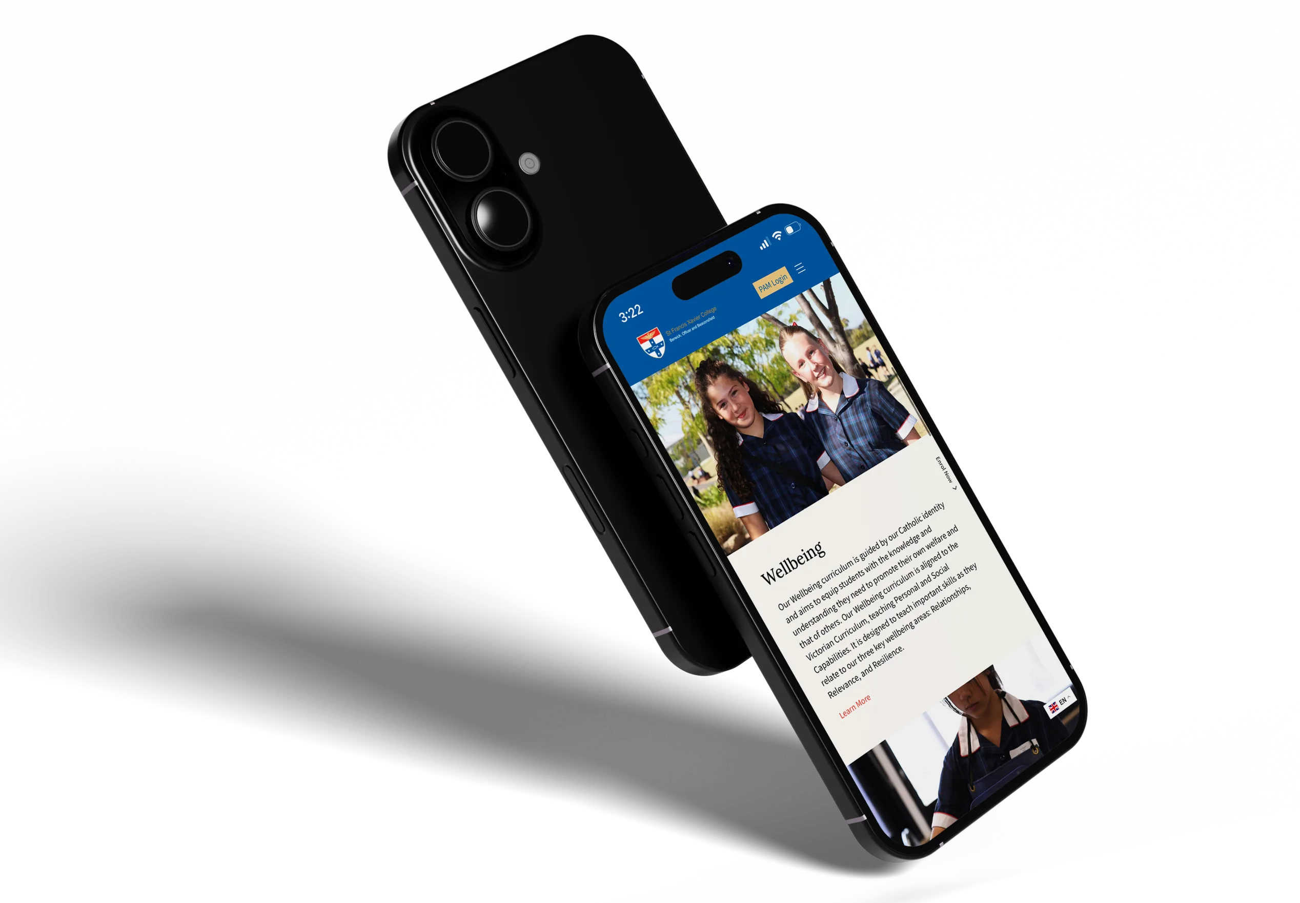 Phone showing a school website’s Wellbeing page with two students in uniform