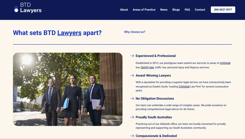 BTD Lawyers website: “What sets BTD Lawyers apart?” beside a photo of three of the firm’s lawyers