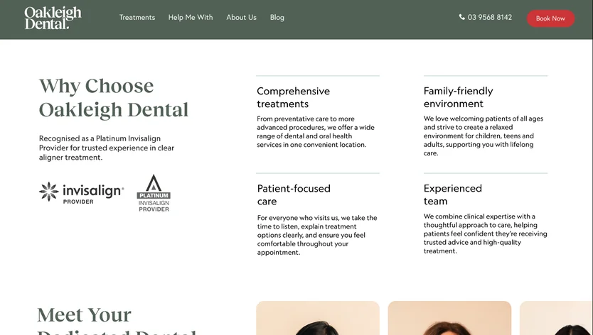 Oakleigh Dental website: “Why Choose Oakleigh Dental” with the Invisalign provider badges and four service highlights