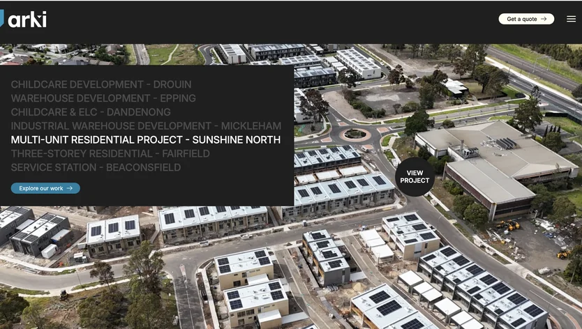 Arki website: a list of building projects over an aerial photo of a new residential development