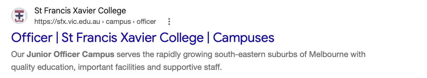 A Google search ad for St Francis Xavier College: 'Officer | St Francis Xavier College | Campuses', describing its Junior Officer Campus in Melbourne's south-east